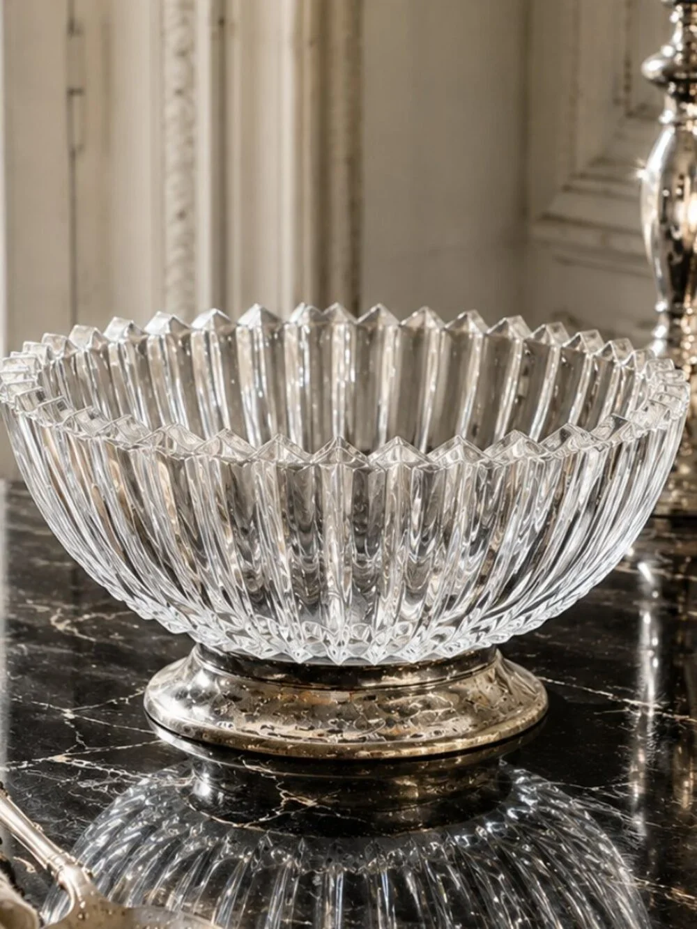 Vintage Silver Plated Footed Ribbed Glass Pedestal Serving Bowl